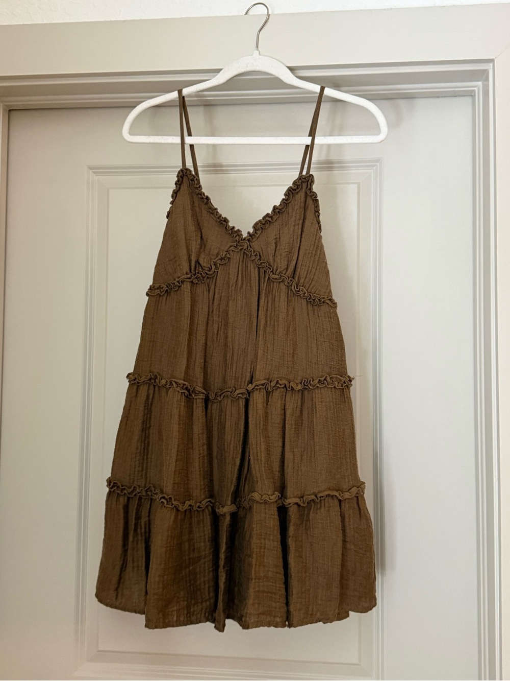 Brown Tiered Mini Dress with Spaghetti Straps